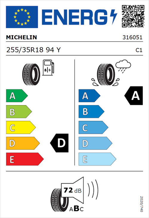 Tyre Label for Michelin Pilot Sport 255/35R18 94Y