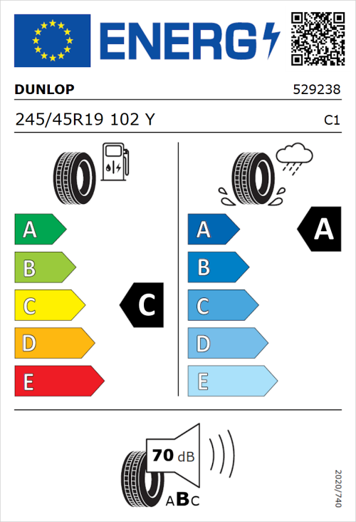 Tyre Label for Dunlop SP SportMaxx RT 245/45R19 102Y