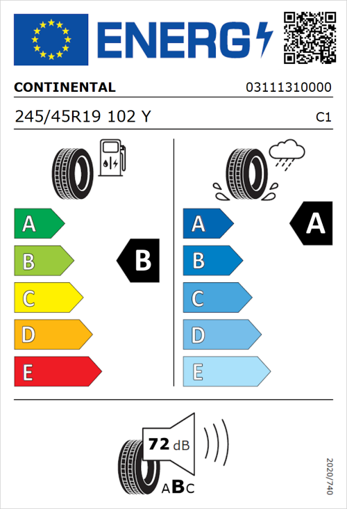 Tyre Label for Continental PremiumContact 6 245/45R19 102Y