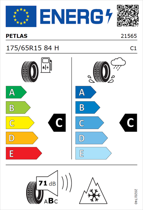 Tyre Label for Petlas Multi Action PT565 175/65R15 84H