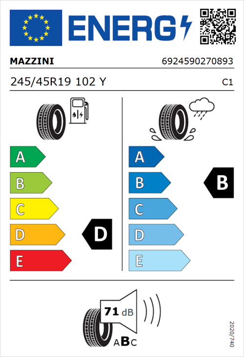 Tyre Label for Mazzini Varenna S01 245/45R19 102Y